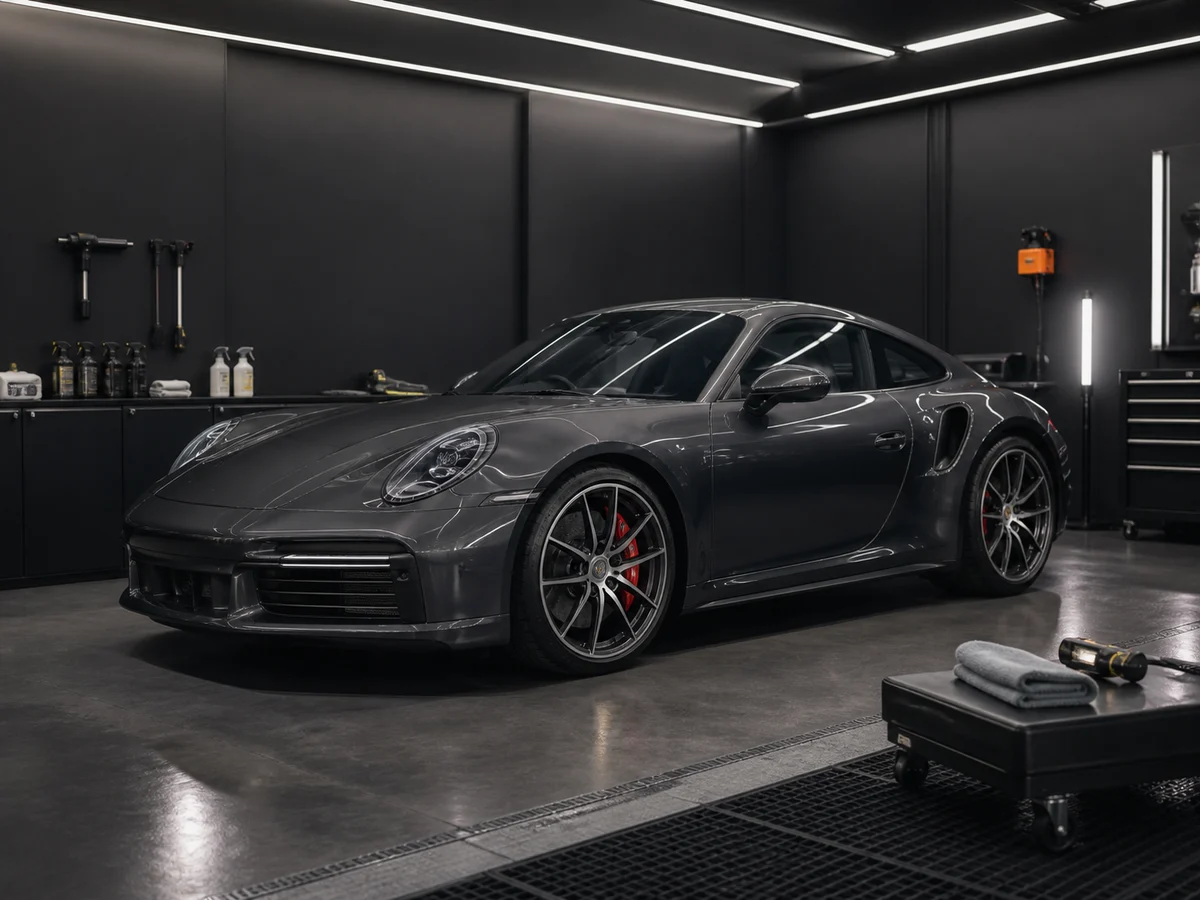 A vehicle detailer reviewing a finished car photo after a studio shoot